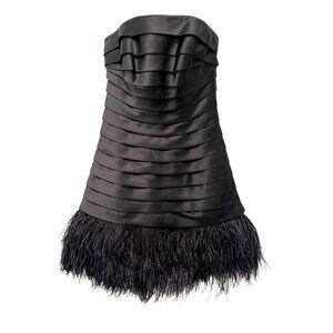 Maggie Sottero Black Strapless Feather Trim Cocktail Dress Size 4 New